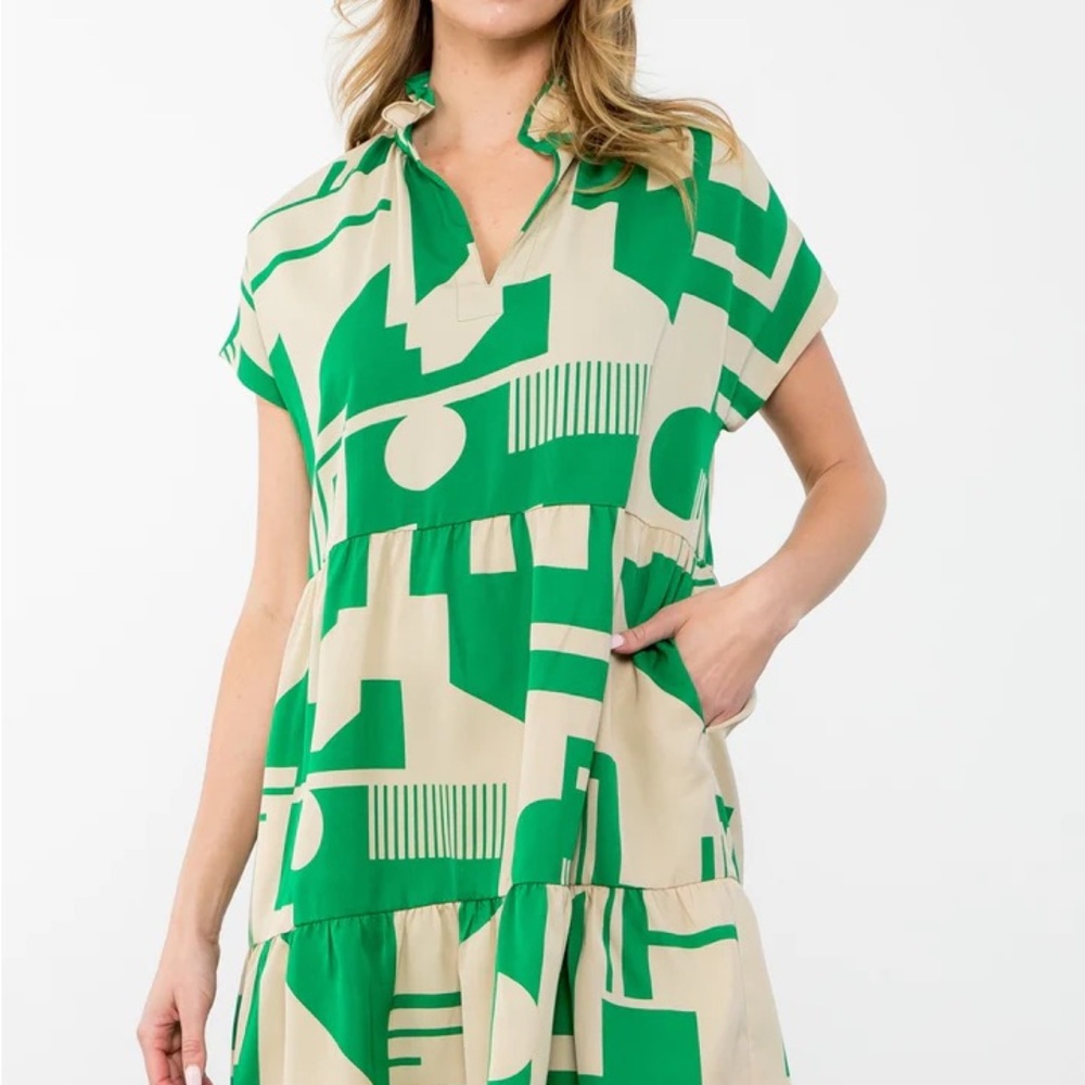 Green and Cream Geometric Print Dress